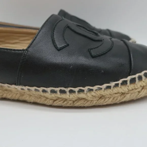CHANEL CC ESPADRILLES BLACK LEATHER SIZE 37 - Picture 13 of 13